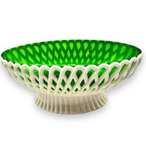 Vintage Regaline Footed Bowl Plastic Latticed Lace Green Insert MCM kitsch Decor